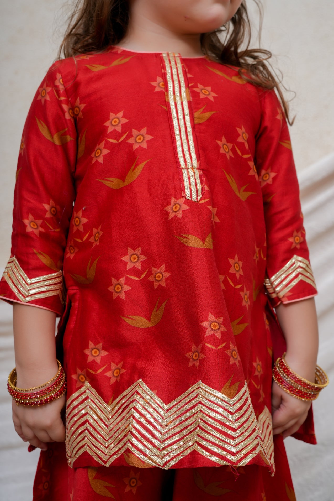 Red Chanderi Floral Printed Gota Embroidered Kurta and Flare Pant