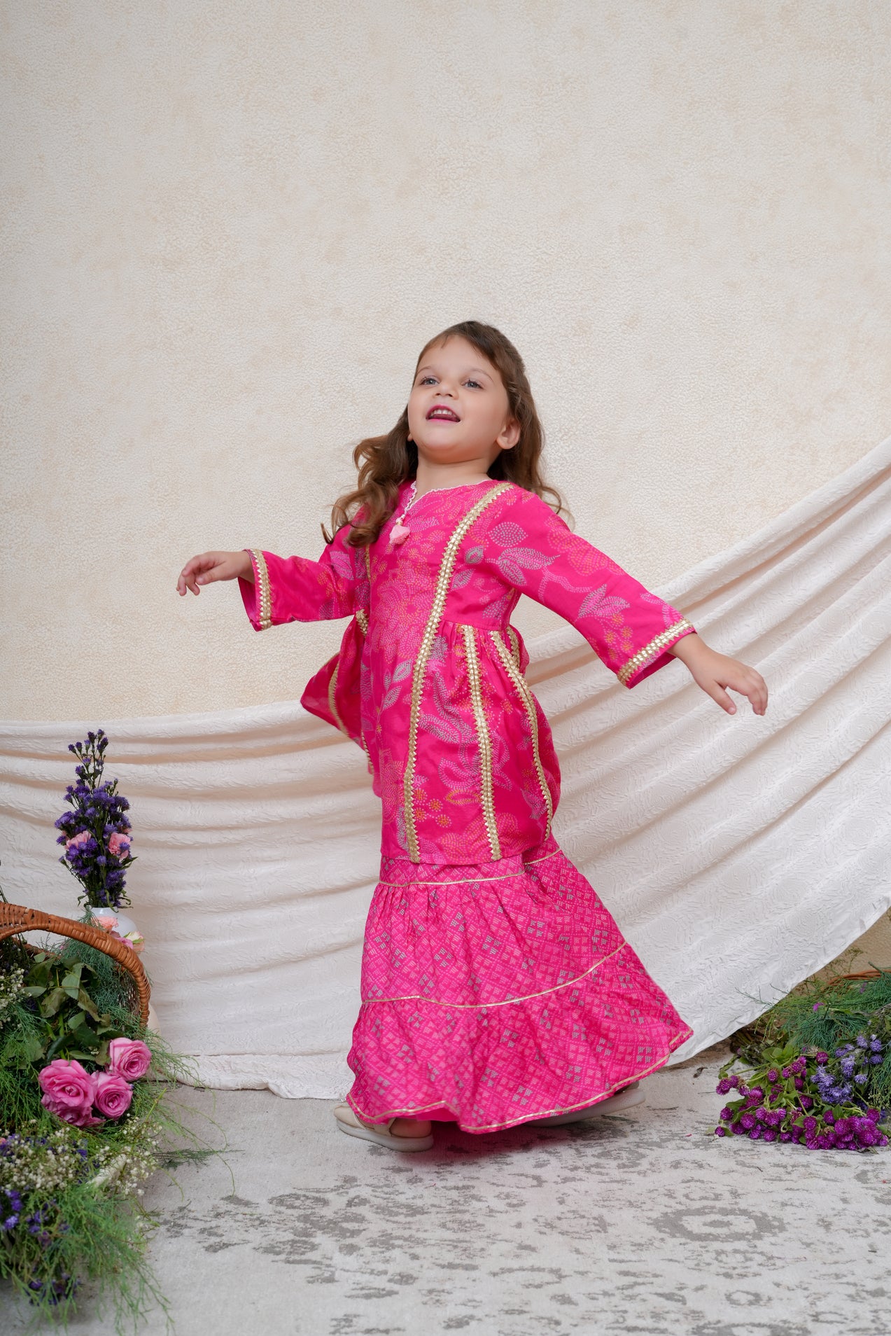 Gota Lace Detailed Hot Pink Floral Printed Kurta and Sharara