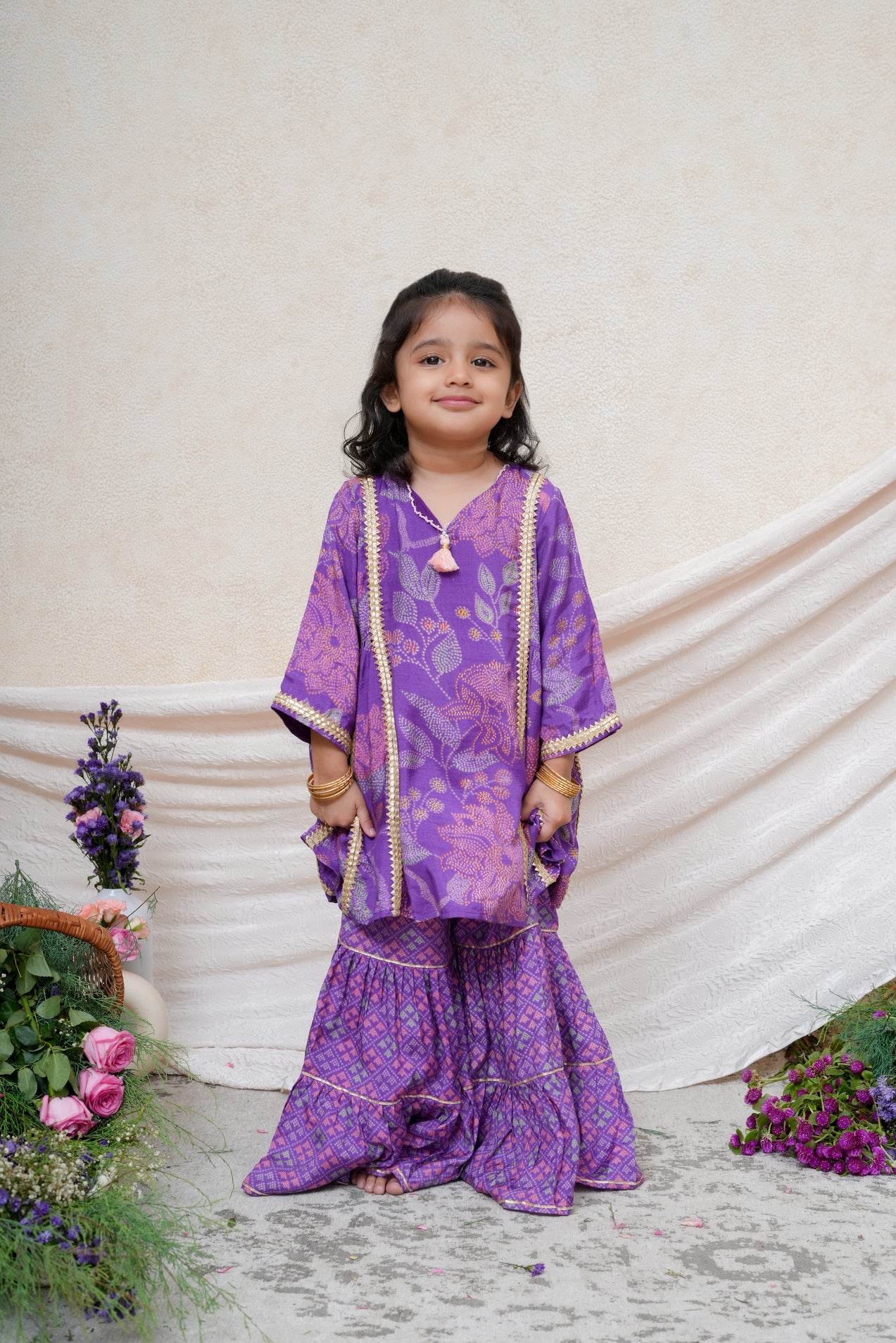 Gota Lace Detailed Purple Printed Kurta and Sharara