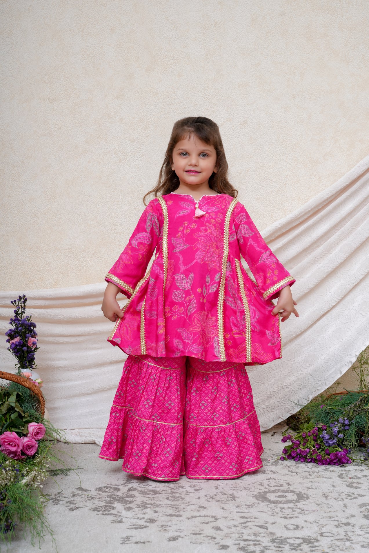 Gota Lace Detailed Hot Pink Floral Printed Kurta and Sharara