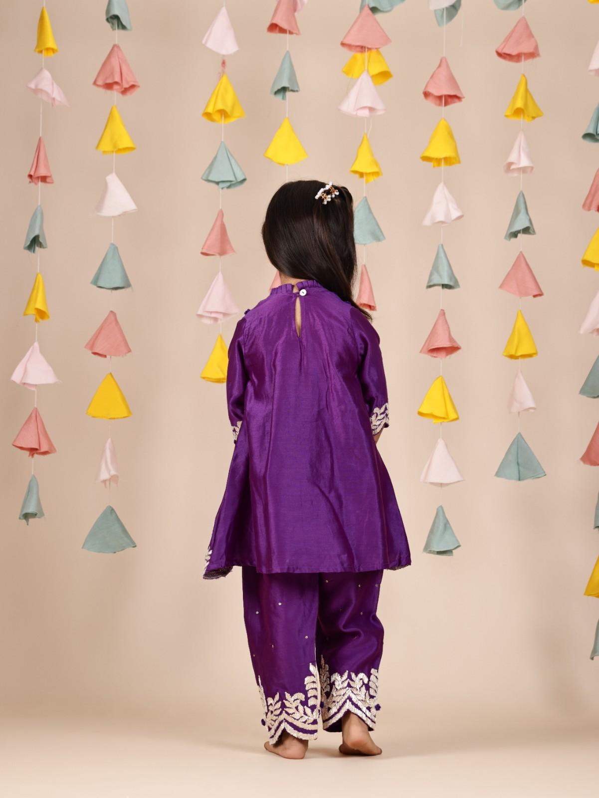 Purple Gota Flower Embroidered Kurti and Straight Pant