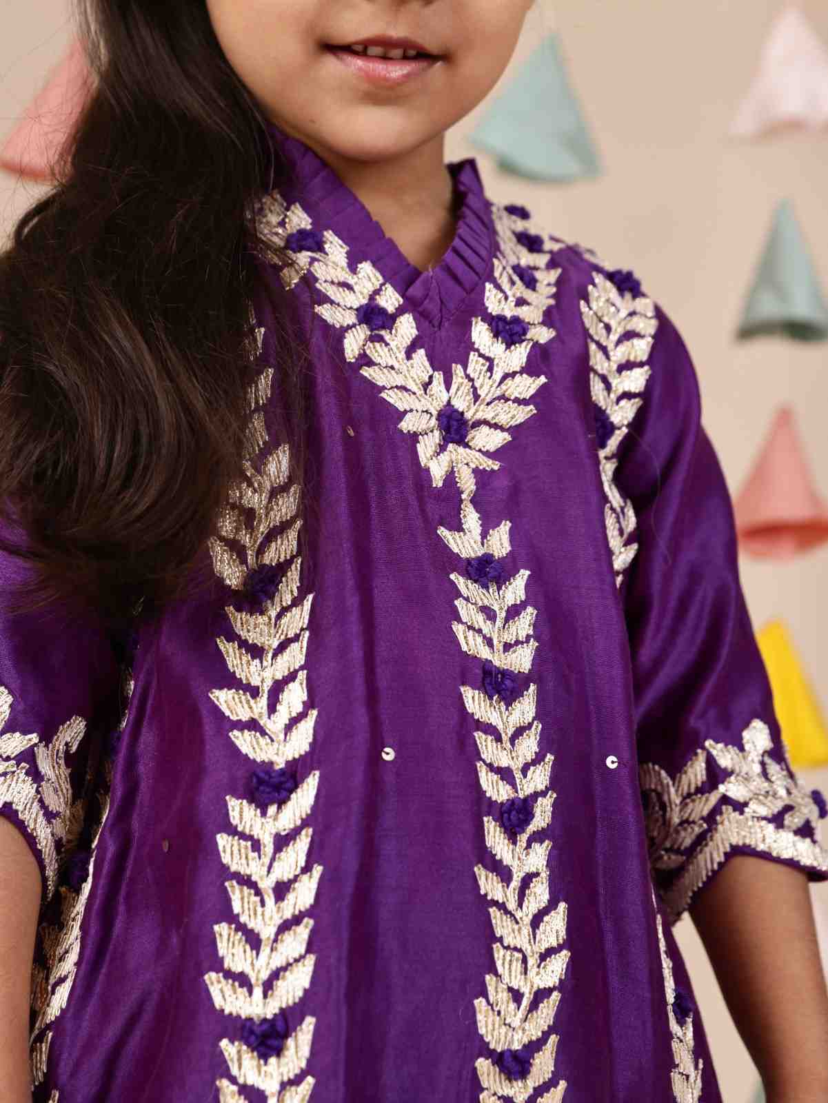 Purple Gota Flower Embroidered Kurti and Straight Pant