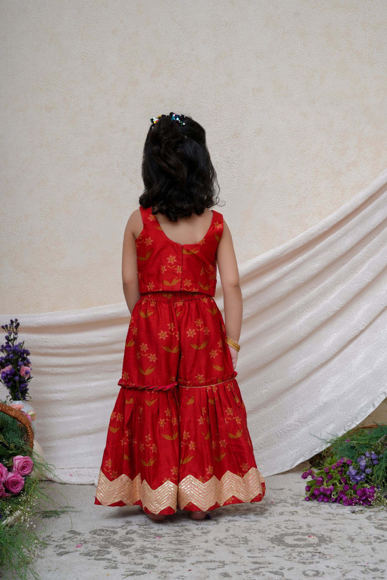 Red Chanderi Printed Gota Lace Embroidered Blouse and Sharara