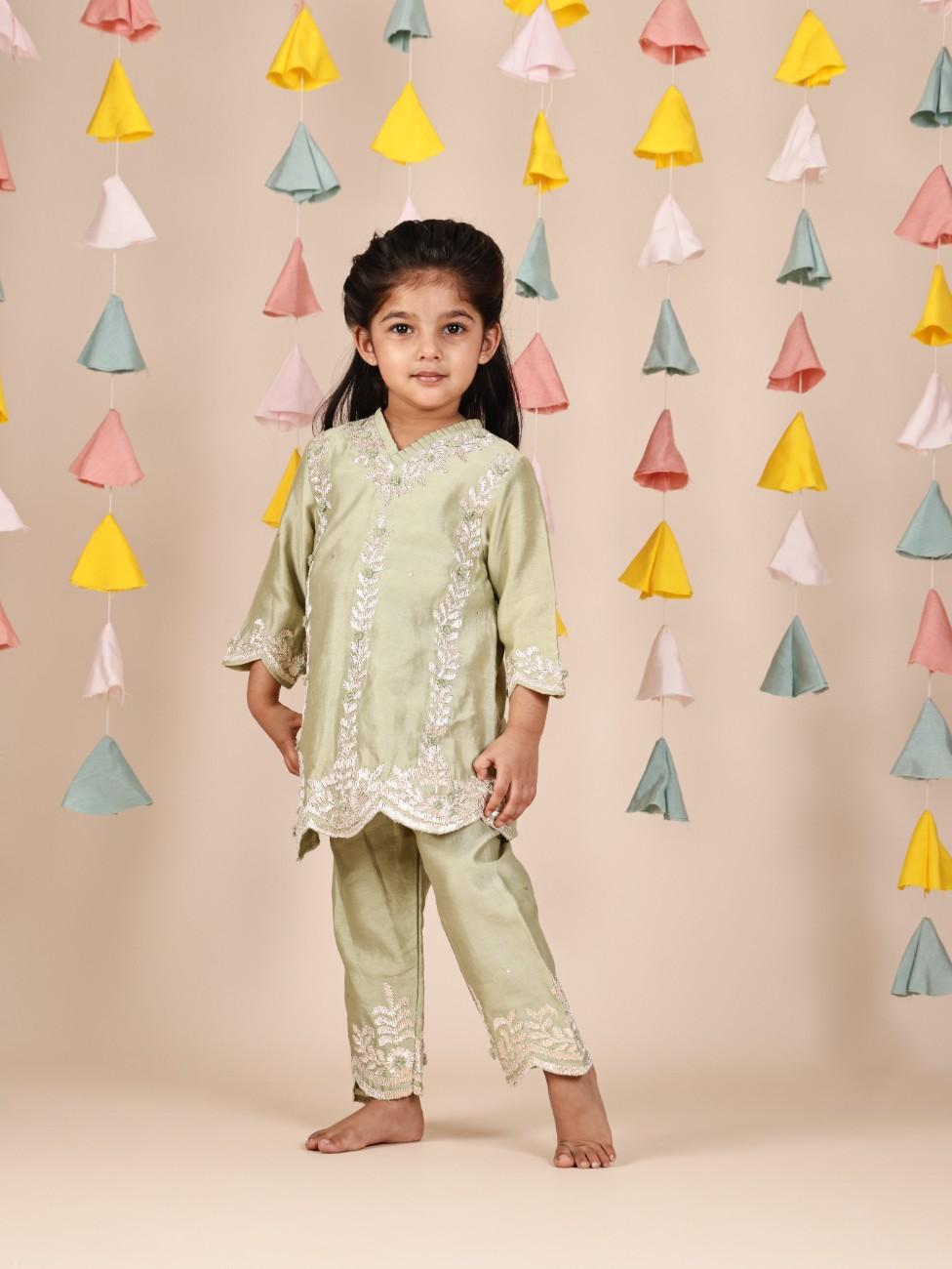 Pista Green Gota Flower Embroidered Kurti and Straight Pant