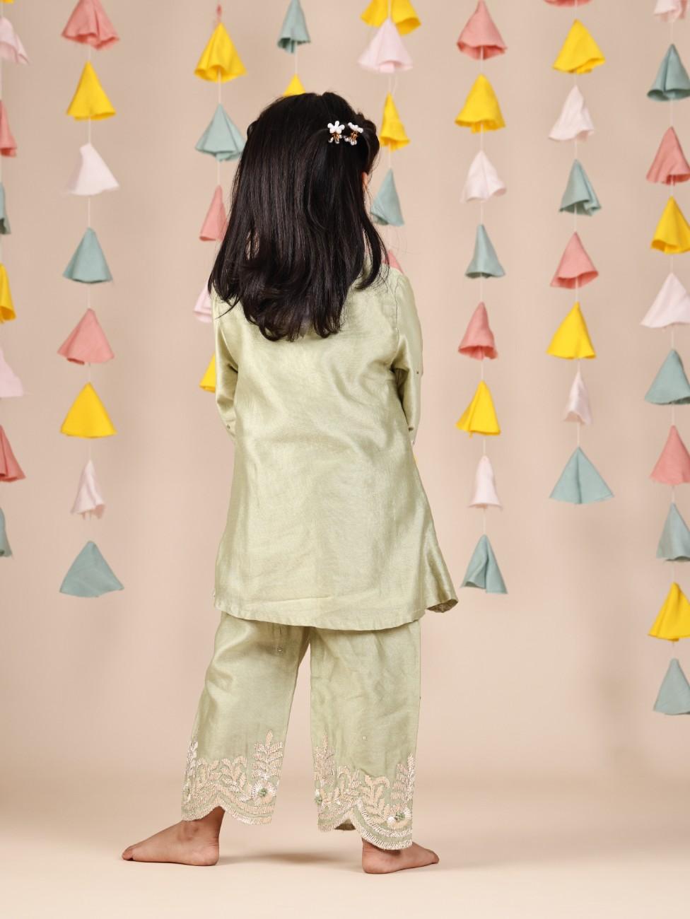 Pista Green Gota Flower Embroidered Kurti and Straight Pant