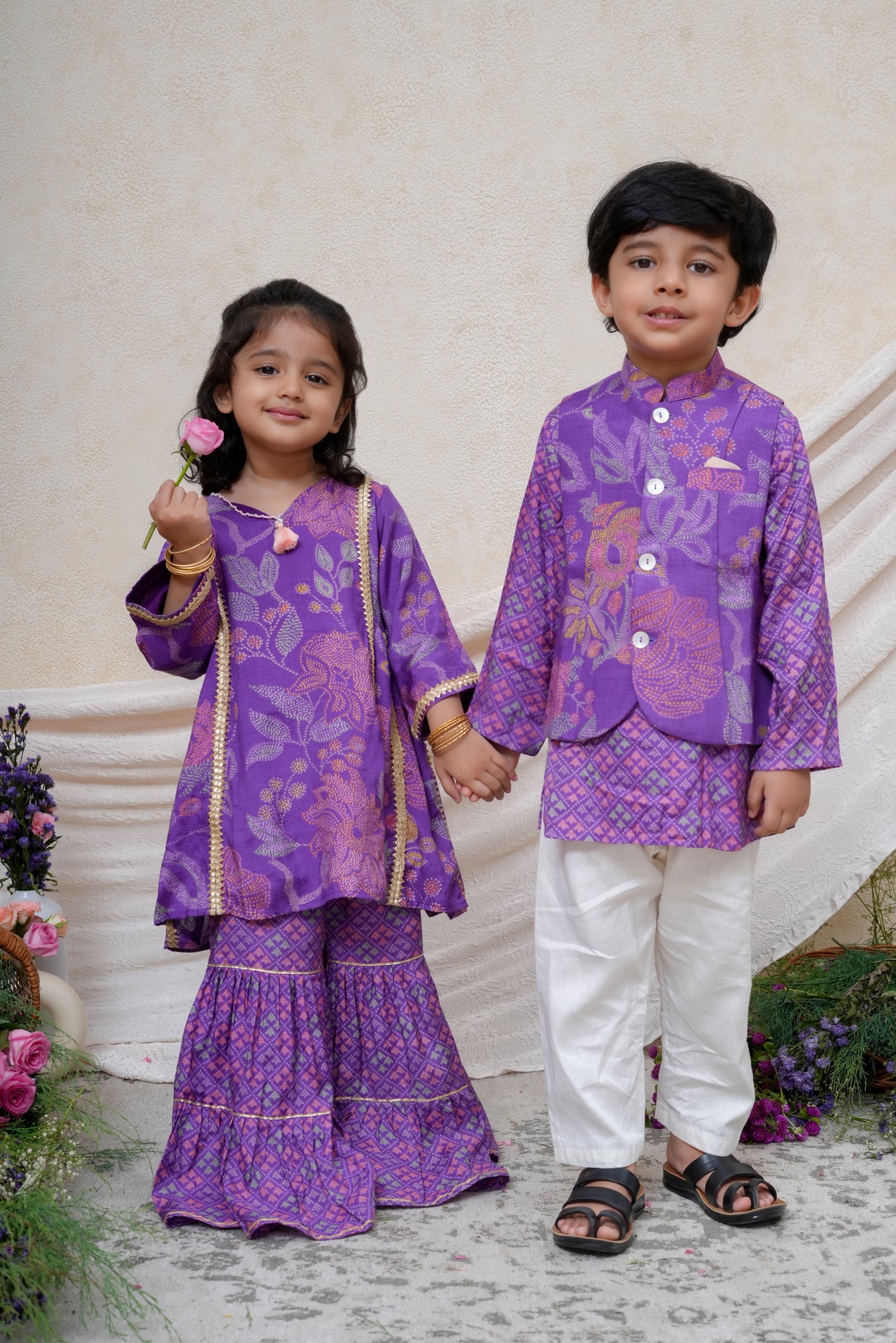 Floral Printed Purple Nehru Jacket Set