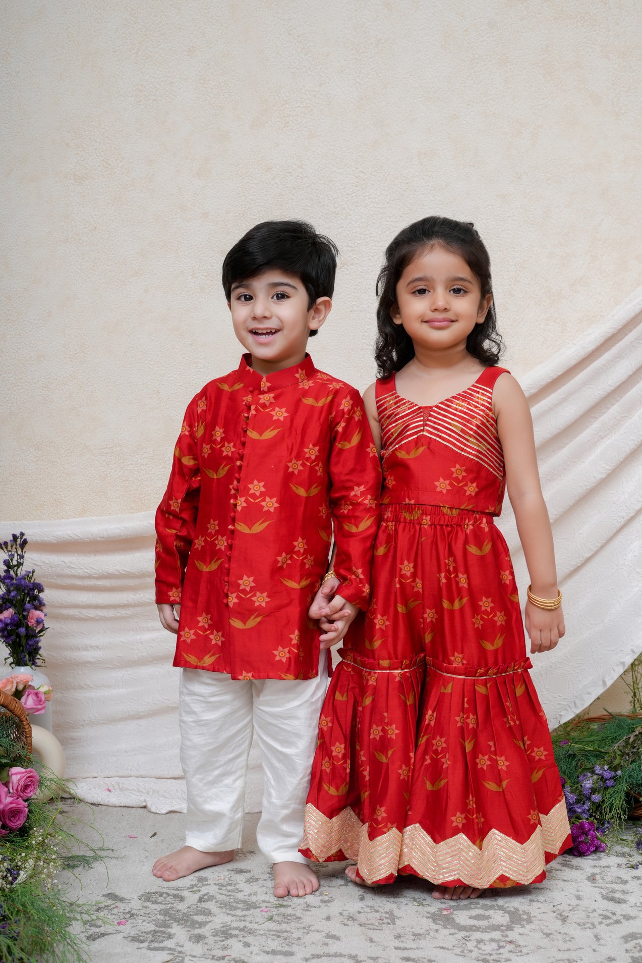 Red Chanderi Printed Gota Lace Embroidered Blouse and Sharara