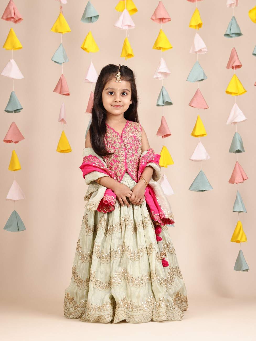 Hot Pink Zari Embroidered Waistcoat Style Top and Pista Green Ghagara