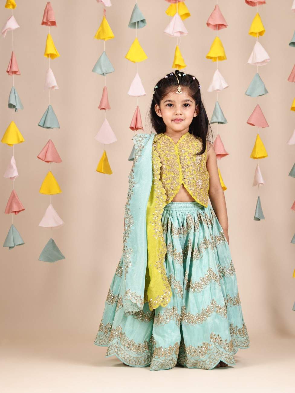 Lime Green Zari Embroidered Waistcoat Style Top and Sea Green Ghaghra With Dupatta