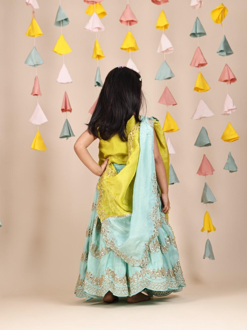 Lime Green Zari Embroidered Waistcoat Style Top and Sea Green Ghaghra With Dupatta