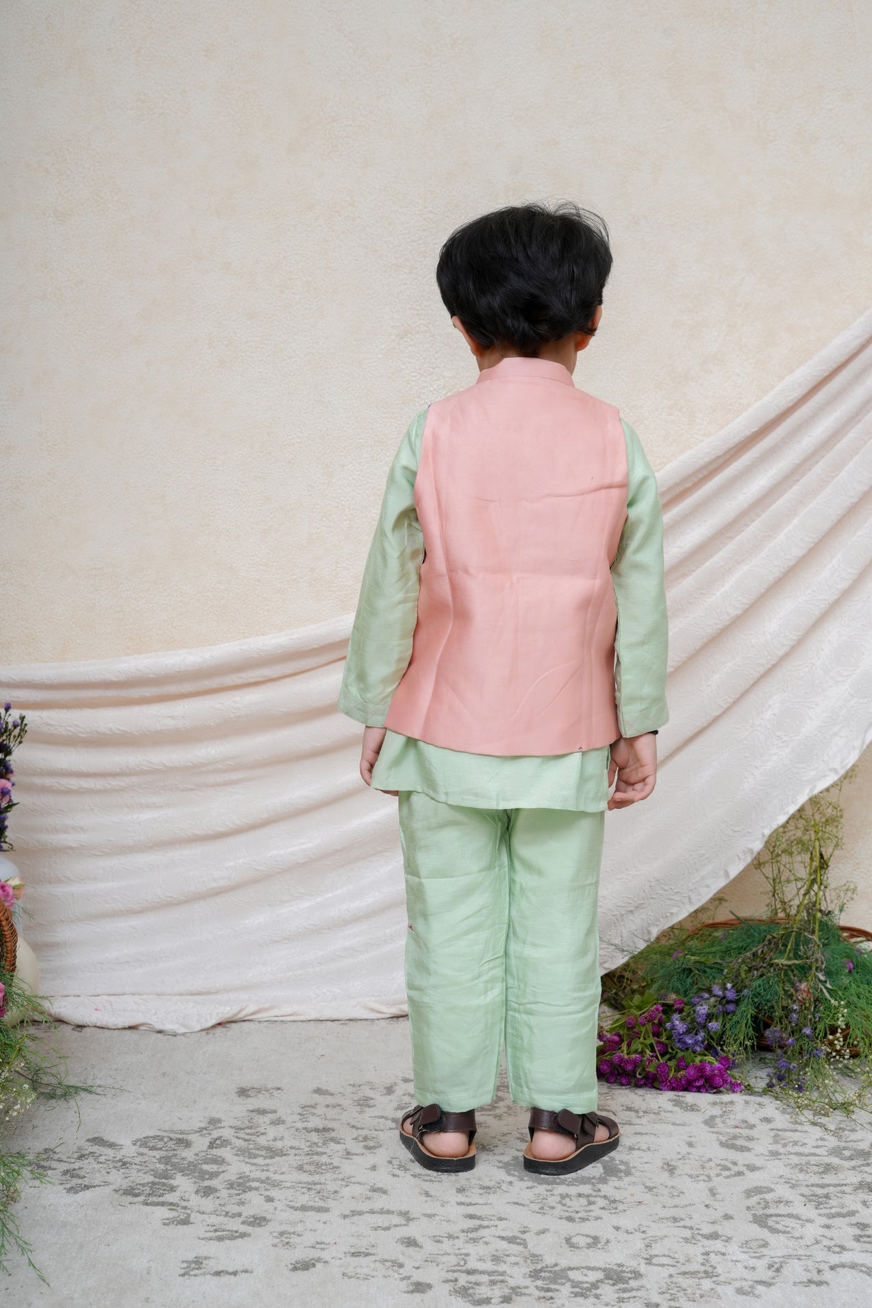Dust pink Chanderi Floral Embroidered Jacket with Mint Kurta and Pant