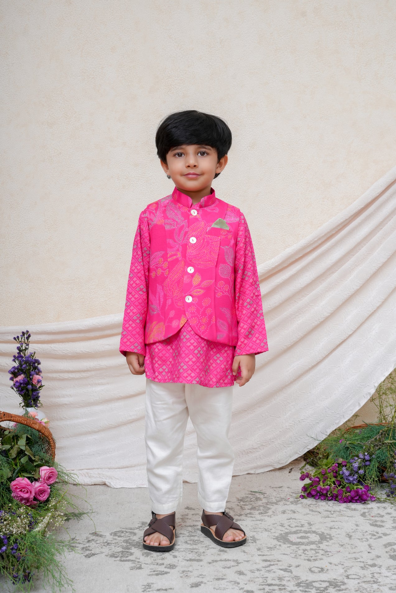 Floral Printed Pink Nehru Jacket Set