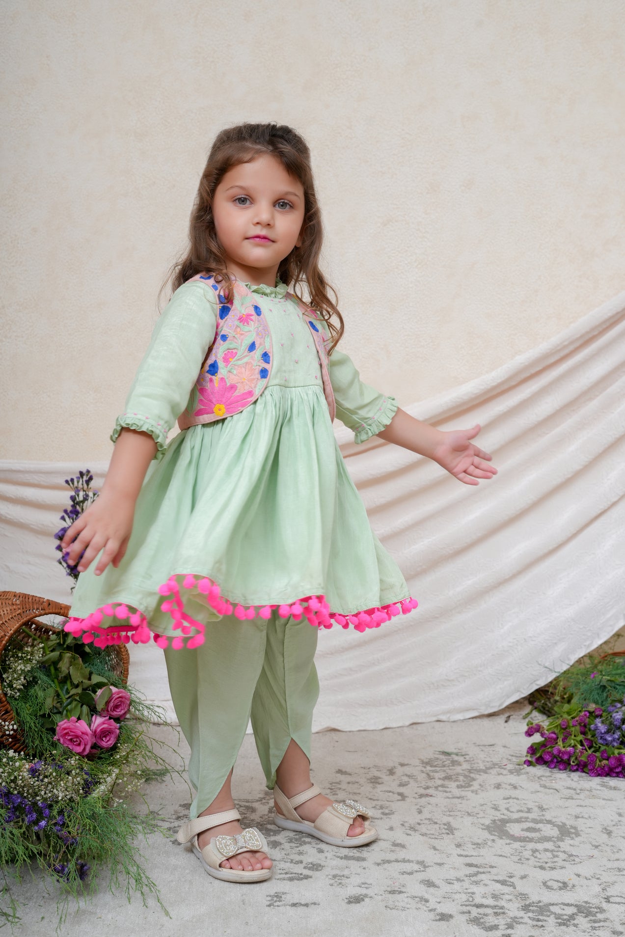 Dust Pink Thread Floral Embroidered Jacket and Mint Peplum With Dhoti