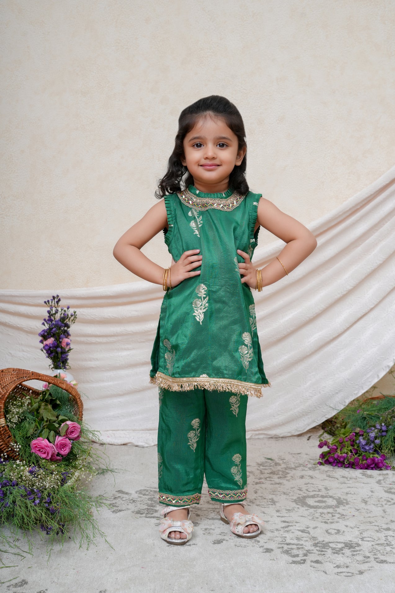 Emerald Green Brocade Kurta and Pant with Lace Detailing