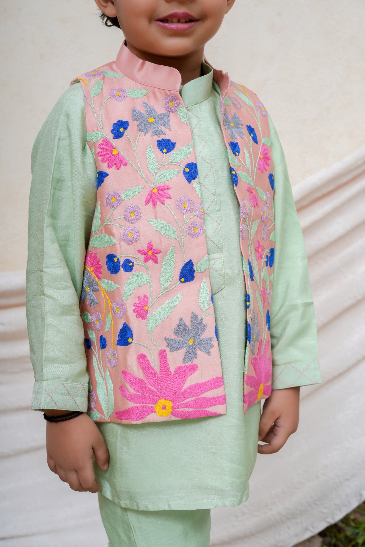 Dust pink Chanderi Floral Embroidered Jacket with Mint Kurta and Pant