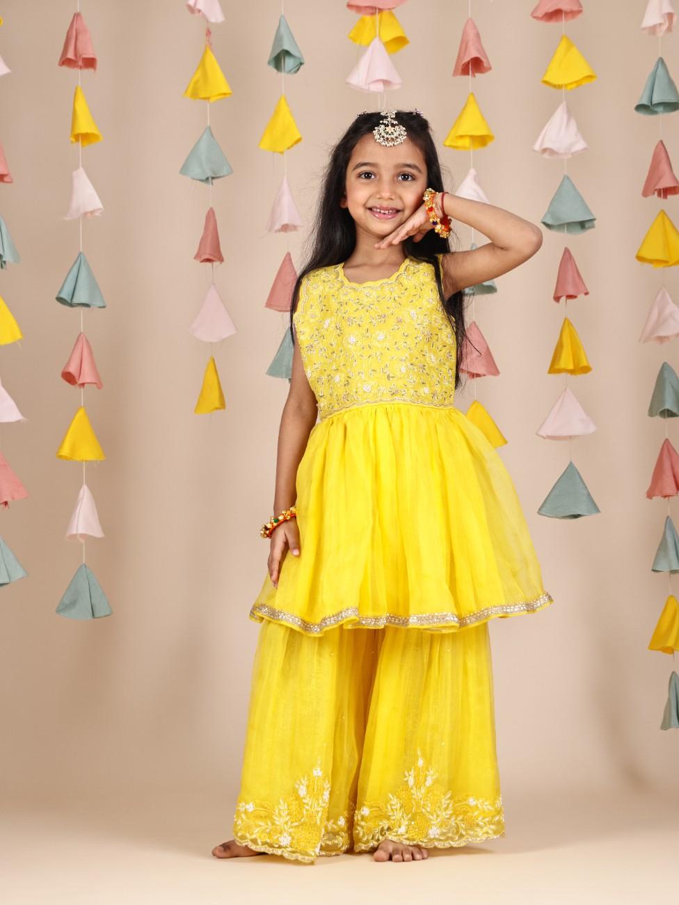 Sunshine Yellow Heavy Embroidered Peplum and Sharara