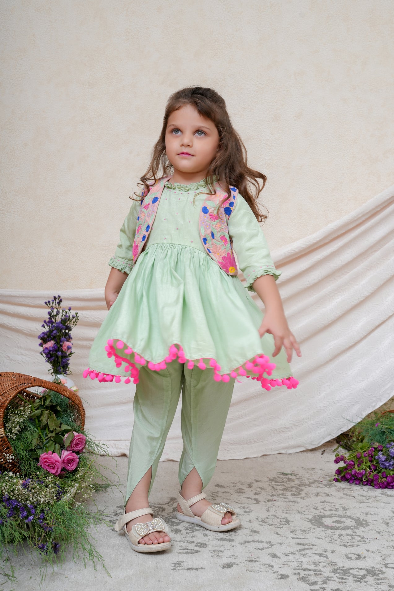 Dust Pink Thread Floral Embroidered Jacket and Mint Peplum With Dhoti
