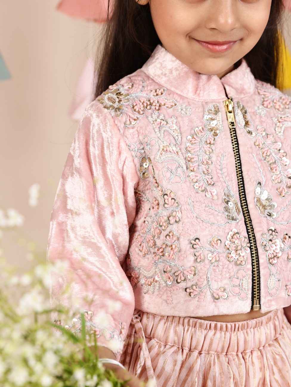 Thread Embroidered Velvet Top And Lehenga