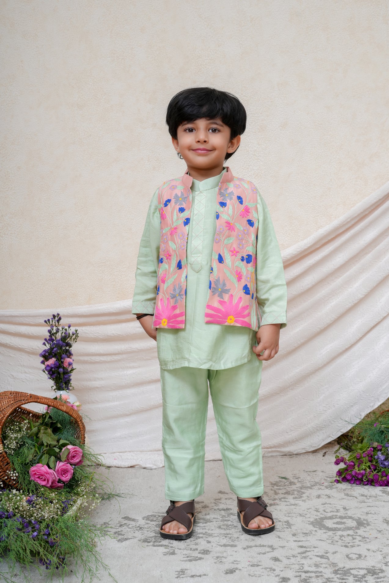 Dust pink Chanderi Floral Embroidered Jacket with Mint Kurta and Pant