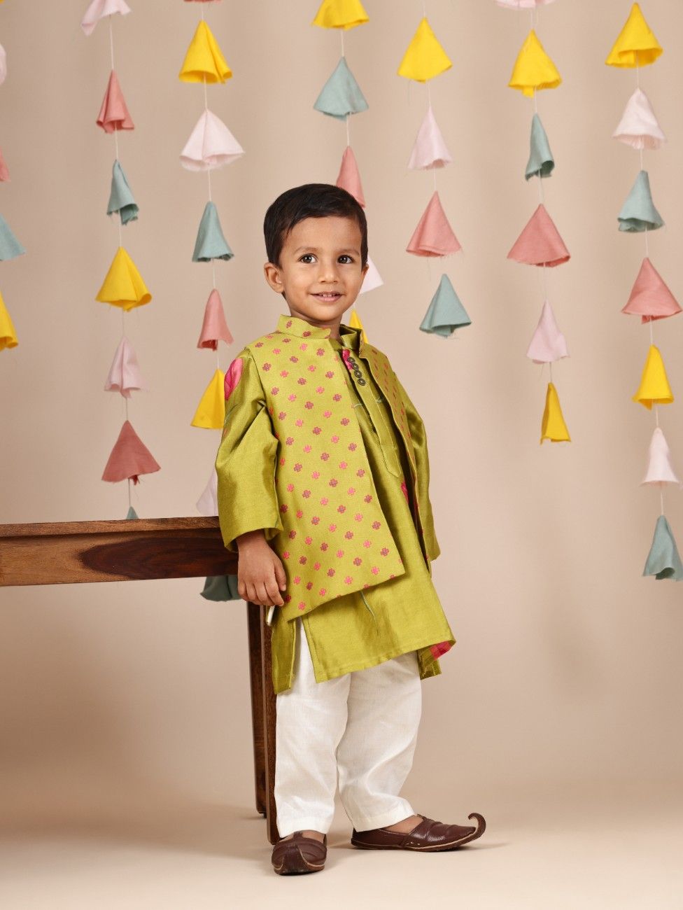 Mandarin-Collar Ethnic Green Kurta With Printed Jacket And Pyjama