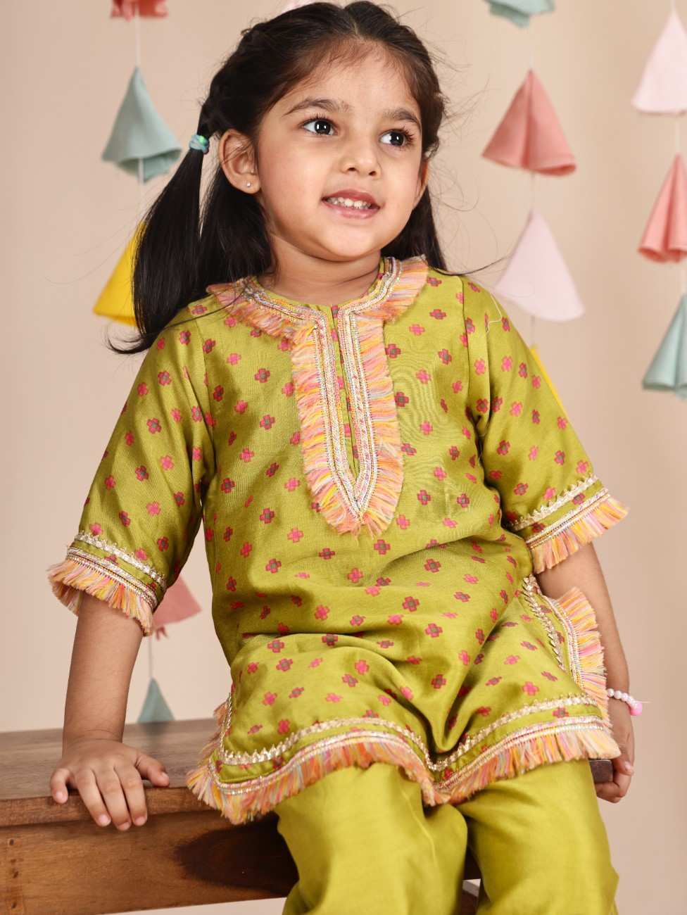 Green Fringed Printed Kurti And Pant
