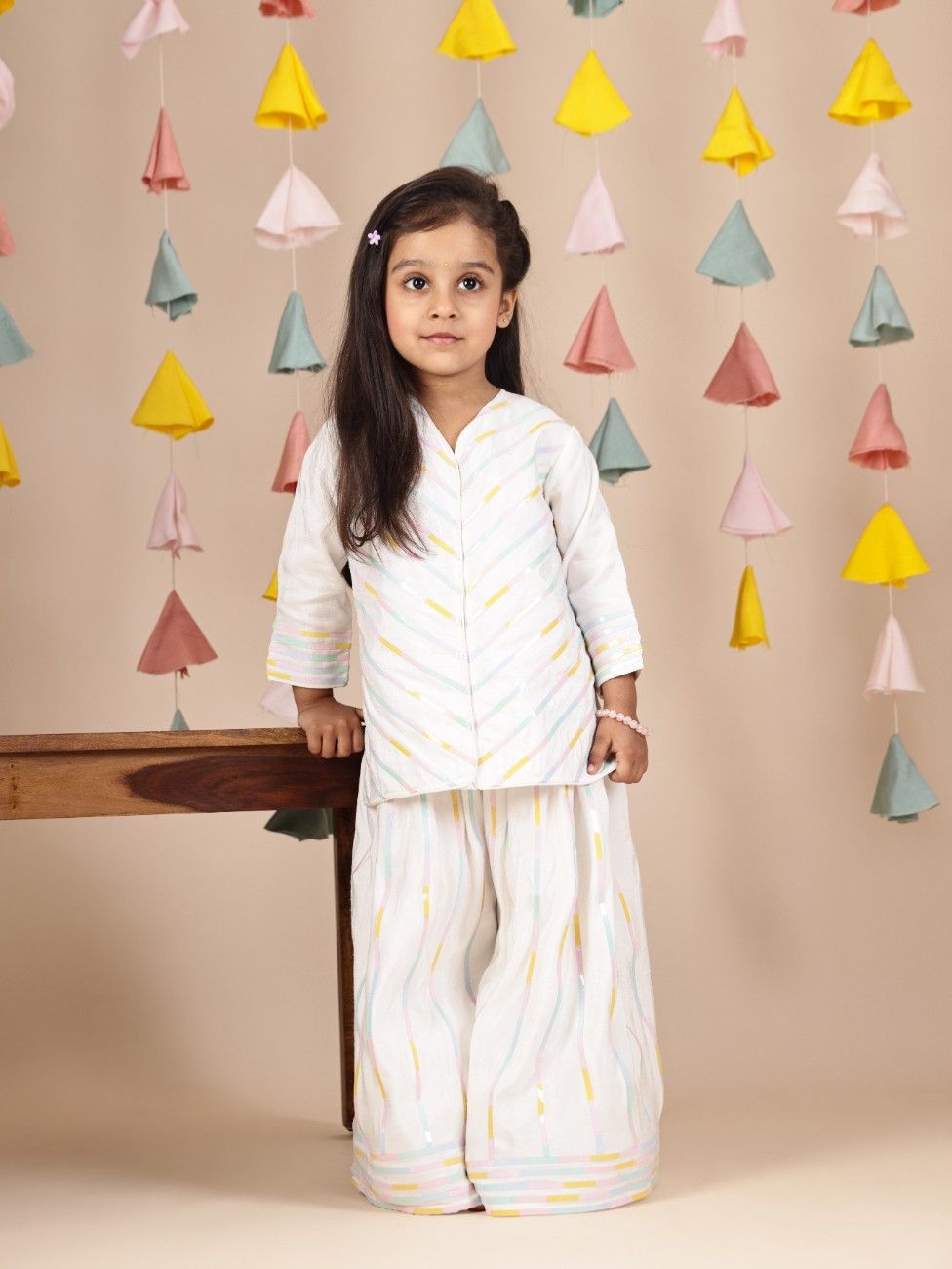 White Multicolour Tape Kurta and Flare Pant