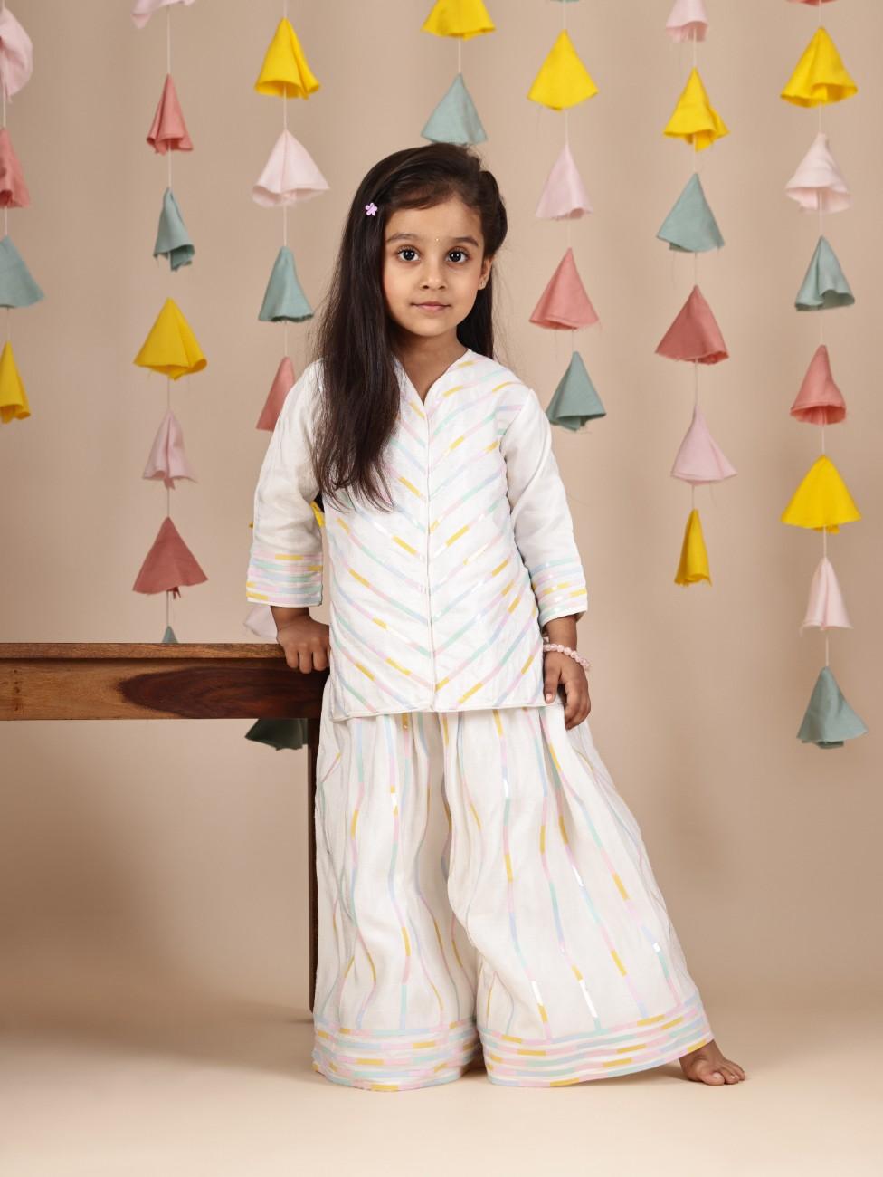 White Multicolour Tape Kurta and Flare Pant