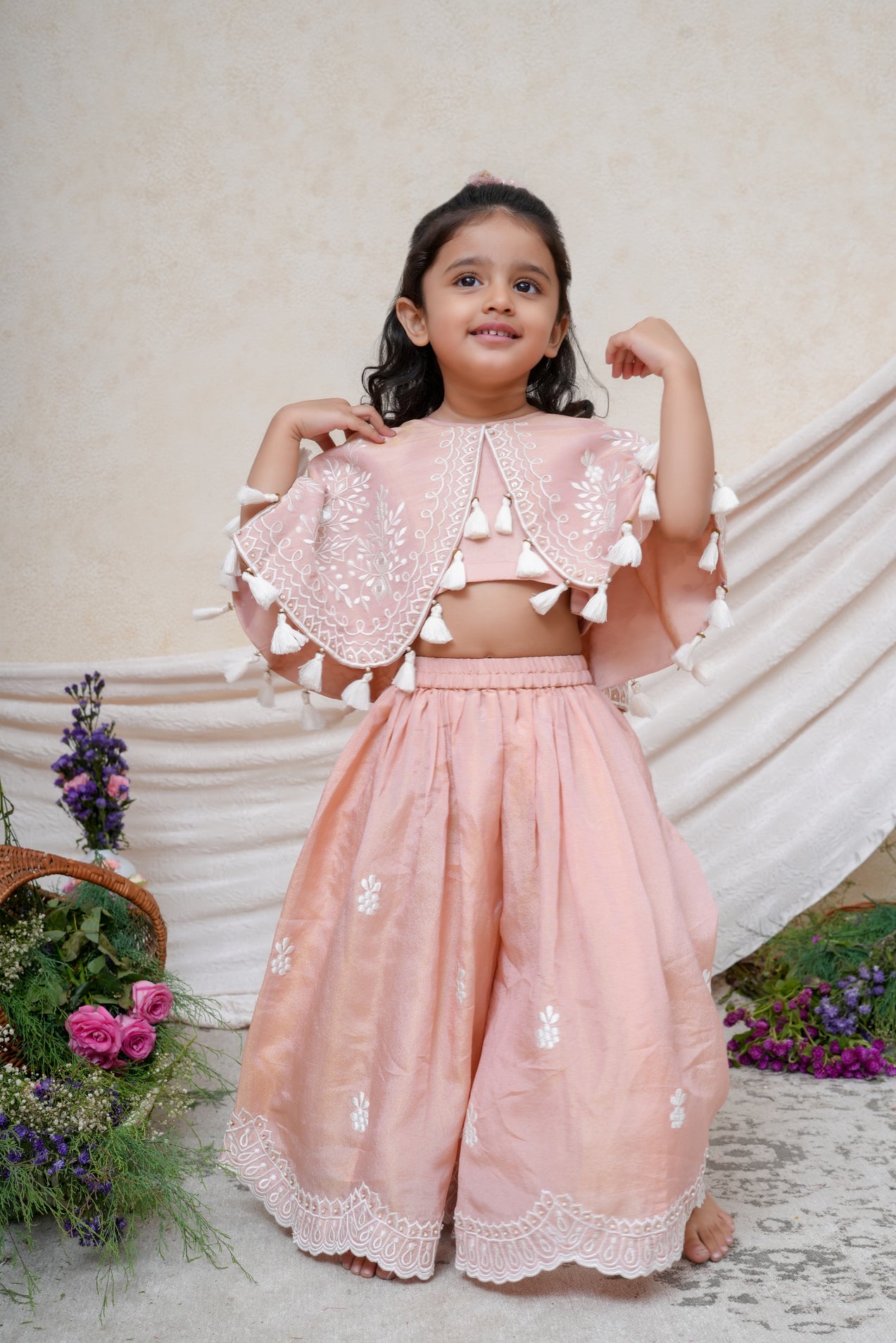 Thread Embroidered Pink Tissue Poncho Top and Flare Pant