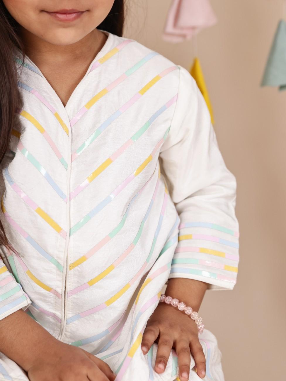 White Multicolour Tape Kurta and Flare Pant