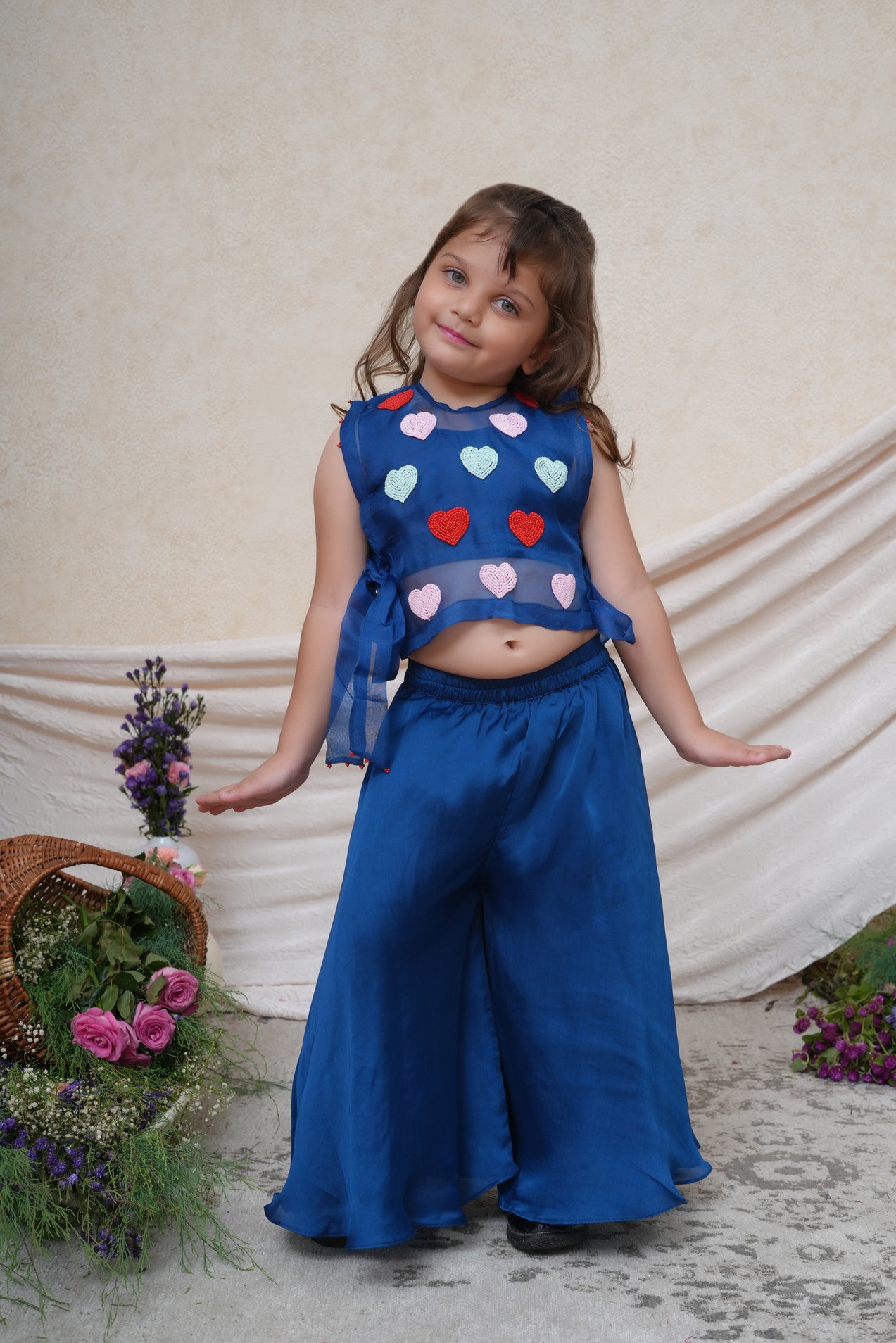Hearts Embroidered Royal Blue Bib With Crop Top and Flare Pant