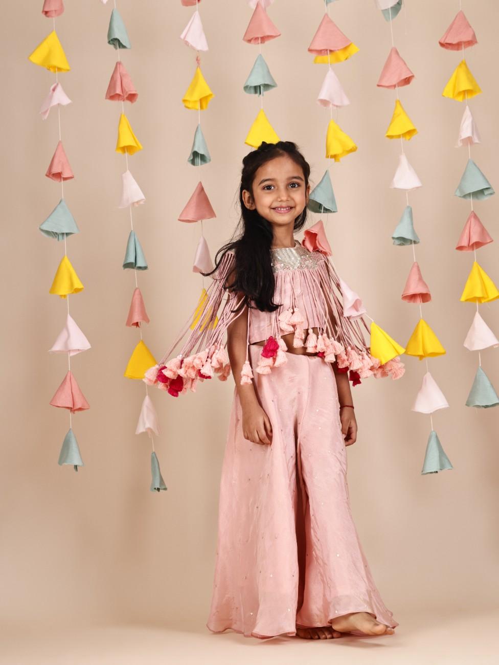 Pink Heavy Lacchi Top with Flare Pant