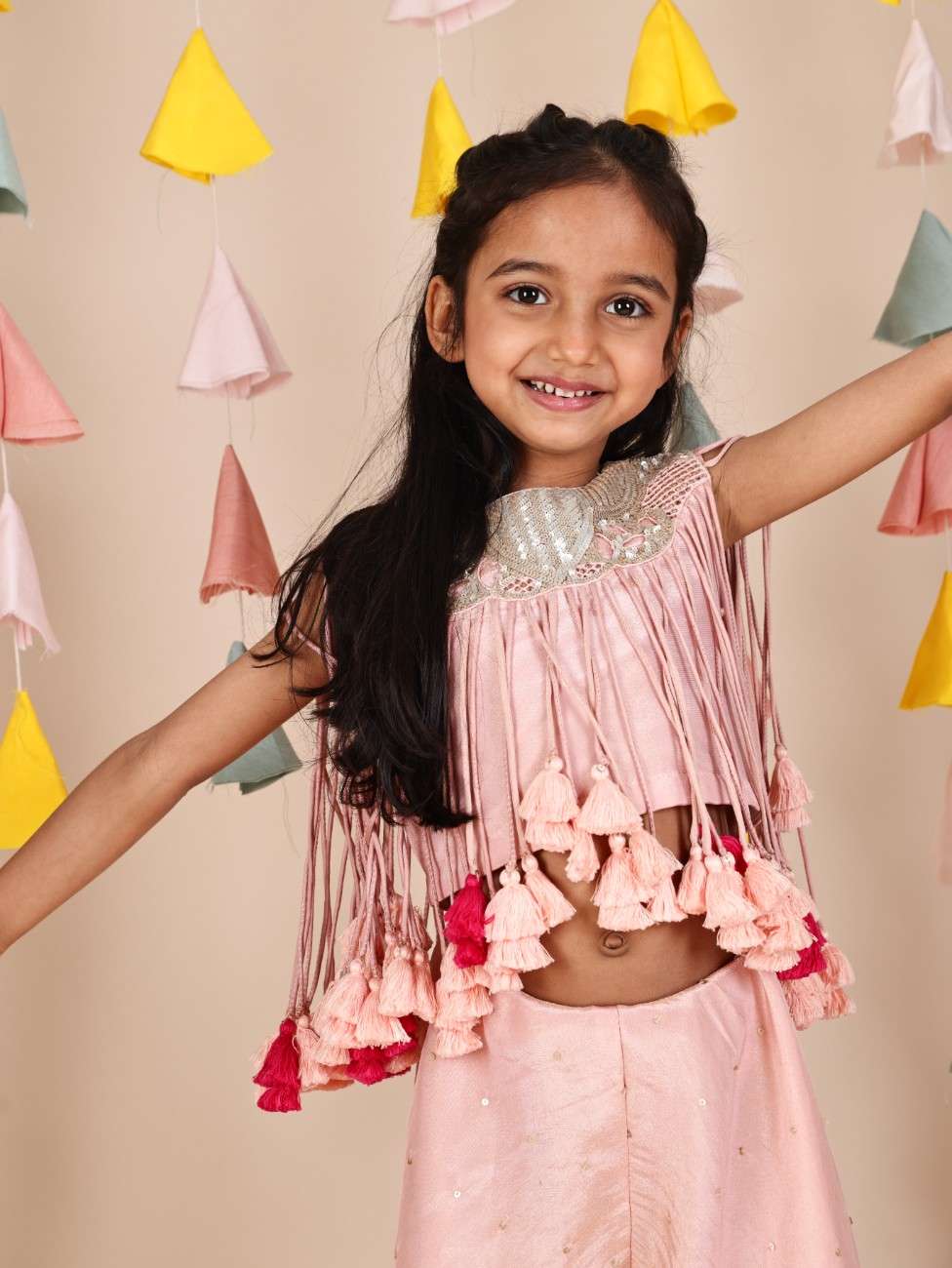 Pink Heavy Lacchi Top with Flare Pant