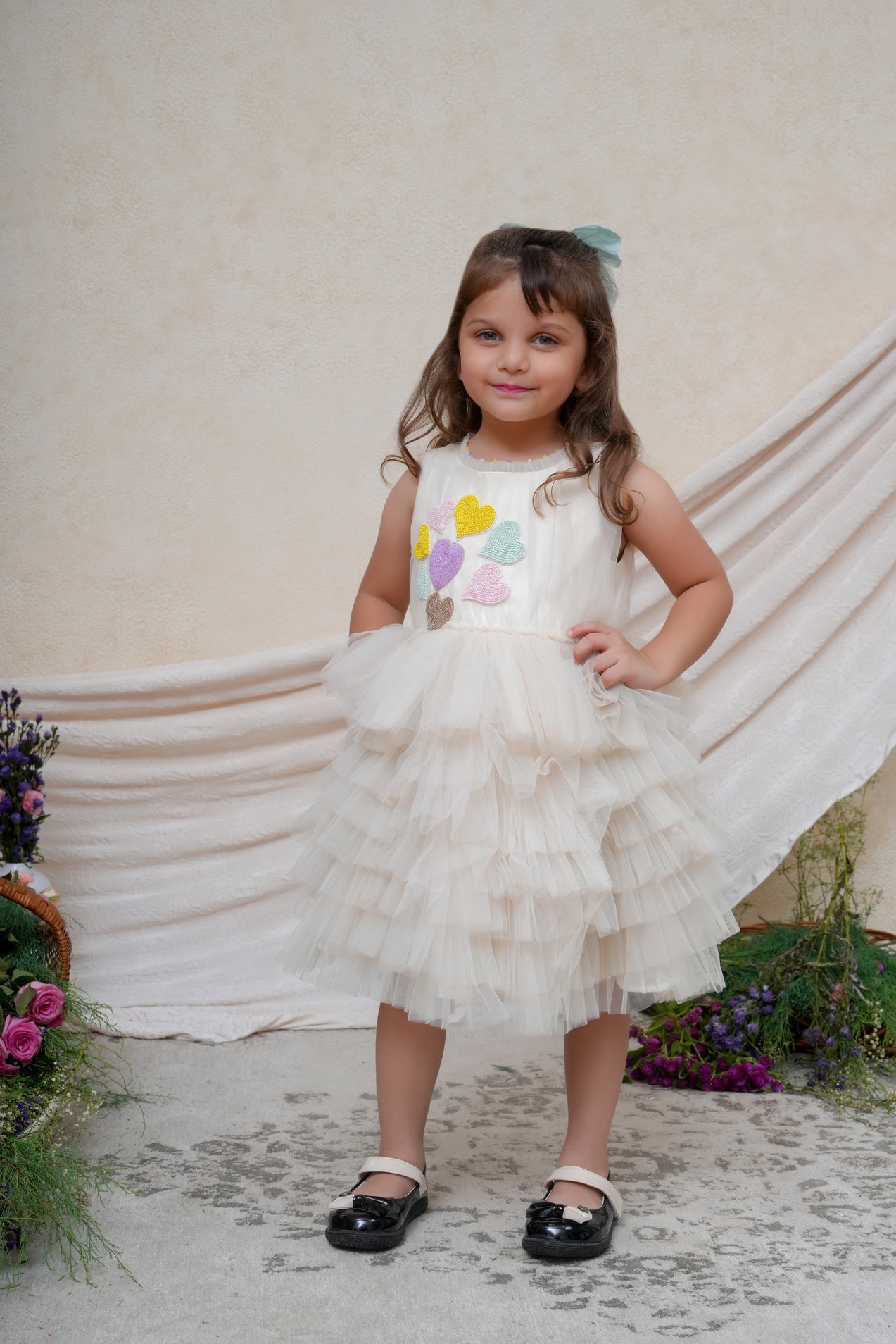Hearts Embroidered Off White Net Dress