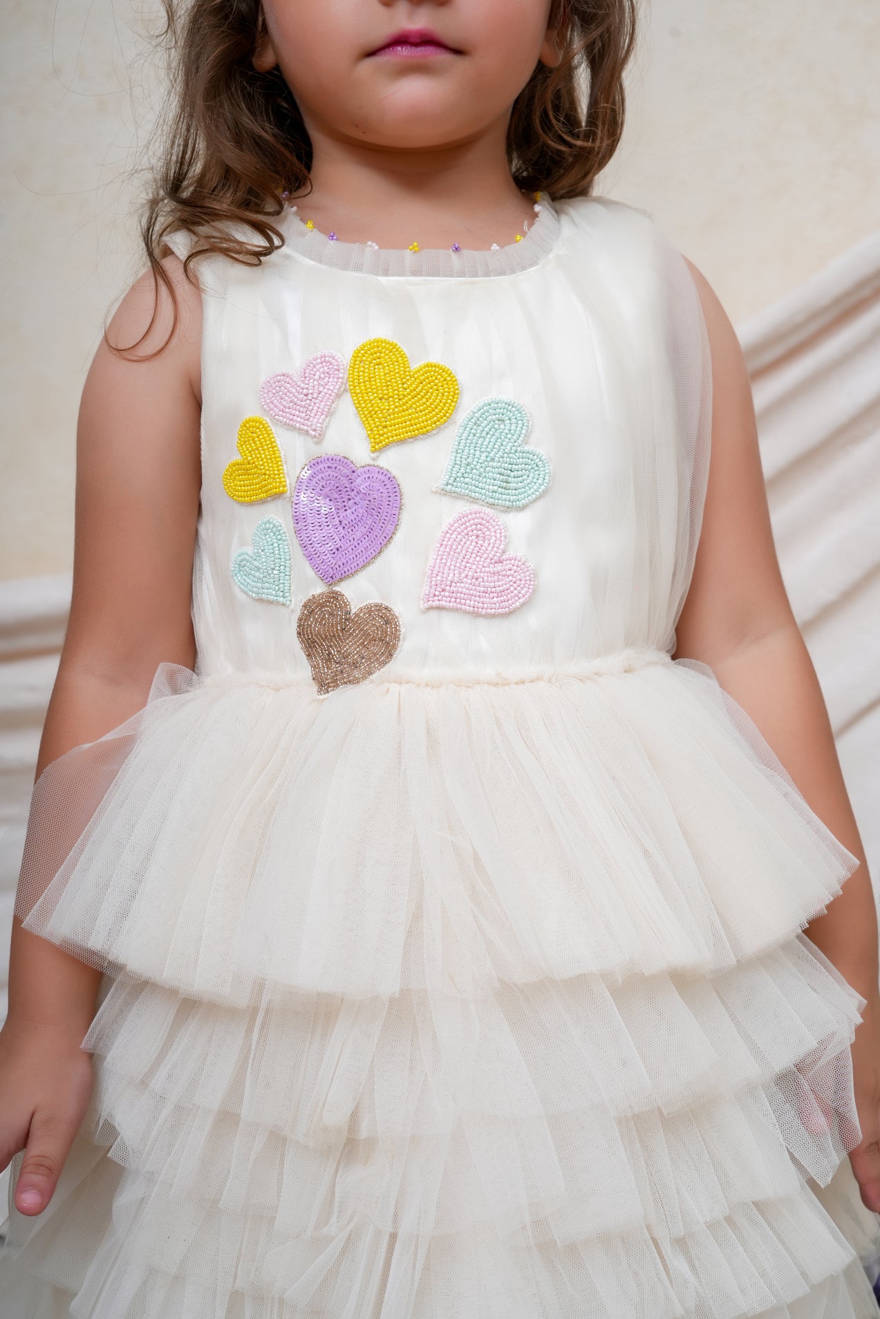 Hearts Embroidered Off White Net Dress