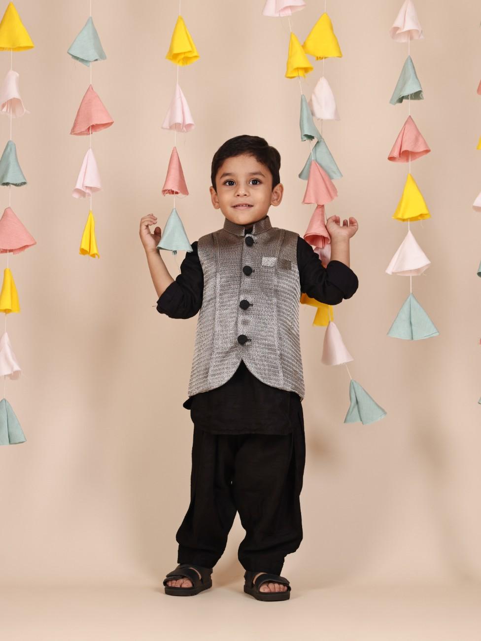 Black Kurta and pant with New Grey Zari Fabric Jacket