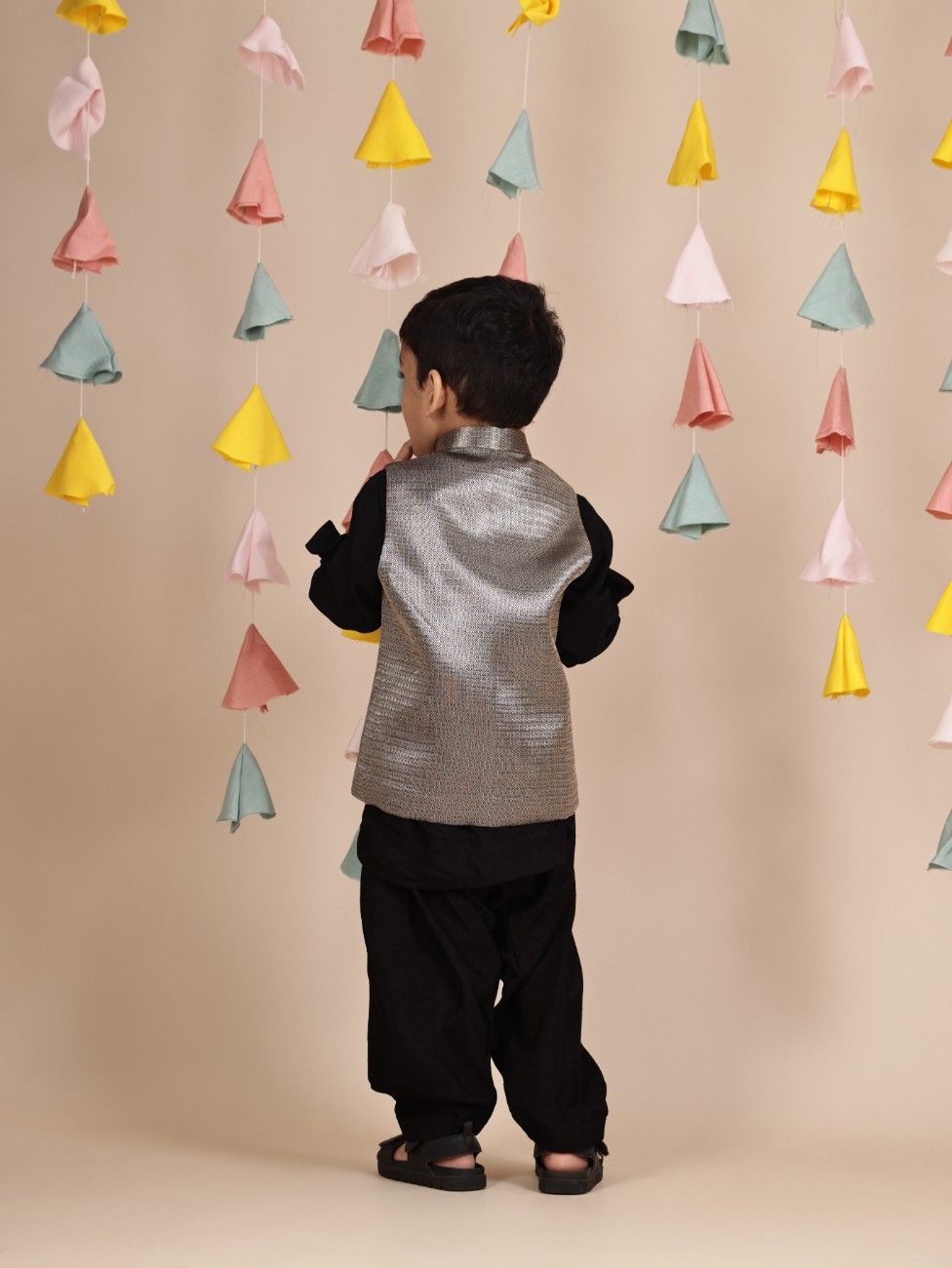 Black Kurta and pant with New Grey Zari Fabric Jacket