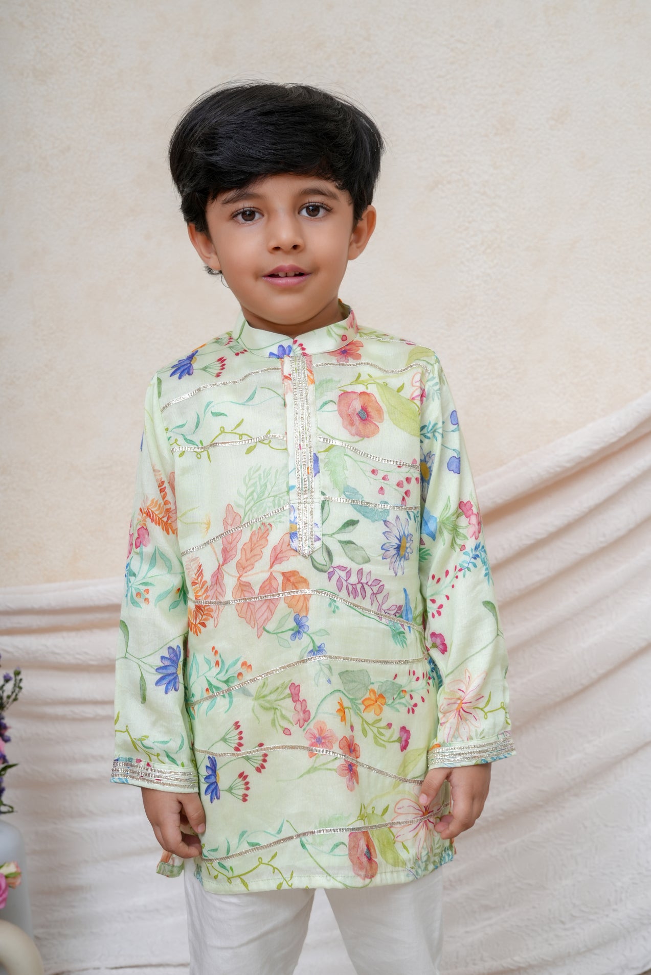 Gota Lace Detailed Light Mint Printed Chanderi Kurta and Pant