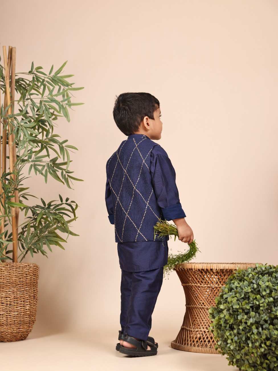 Navy Blue Kurta and Pant with Pintuck Jacket