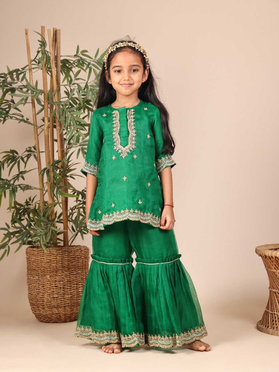 Zari and Thread Worked Emereld Green Organza Kurta and Sharara