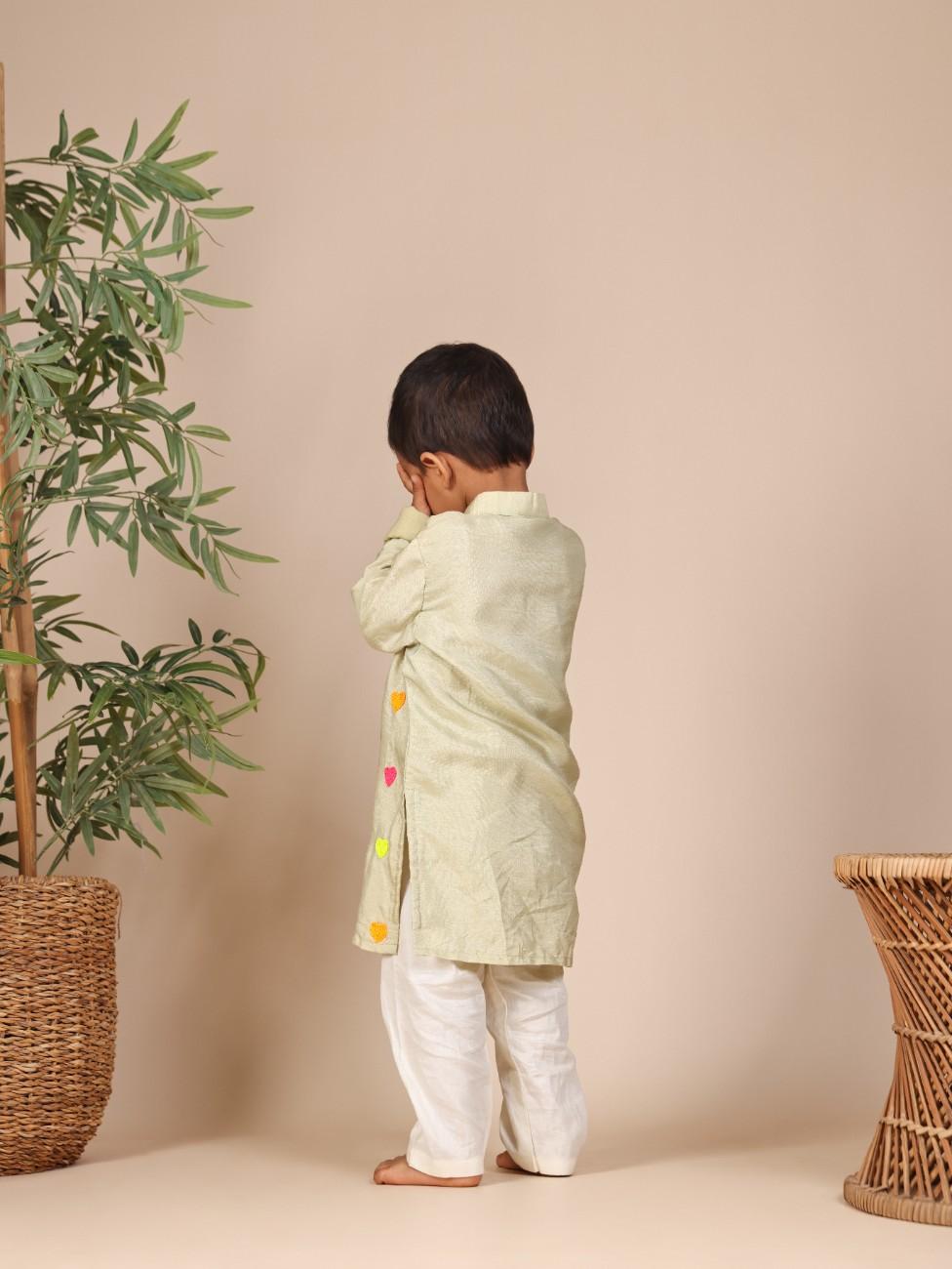 Multicolour Heart Embroidered Pista Green Boys Kurta and Pant