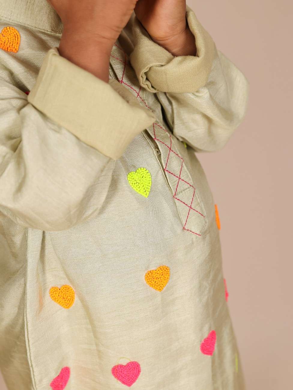 Multicolour Heart Embroidered Pista Green Boys Kurta and Pant