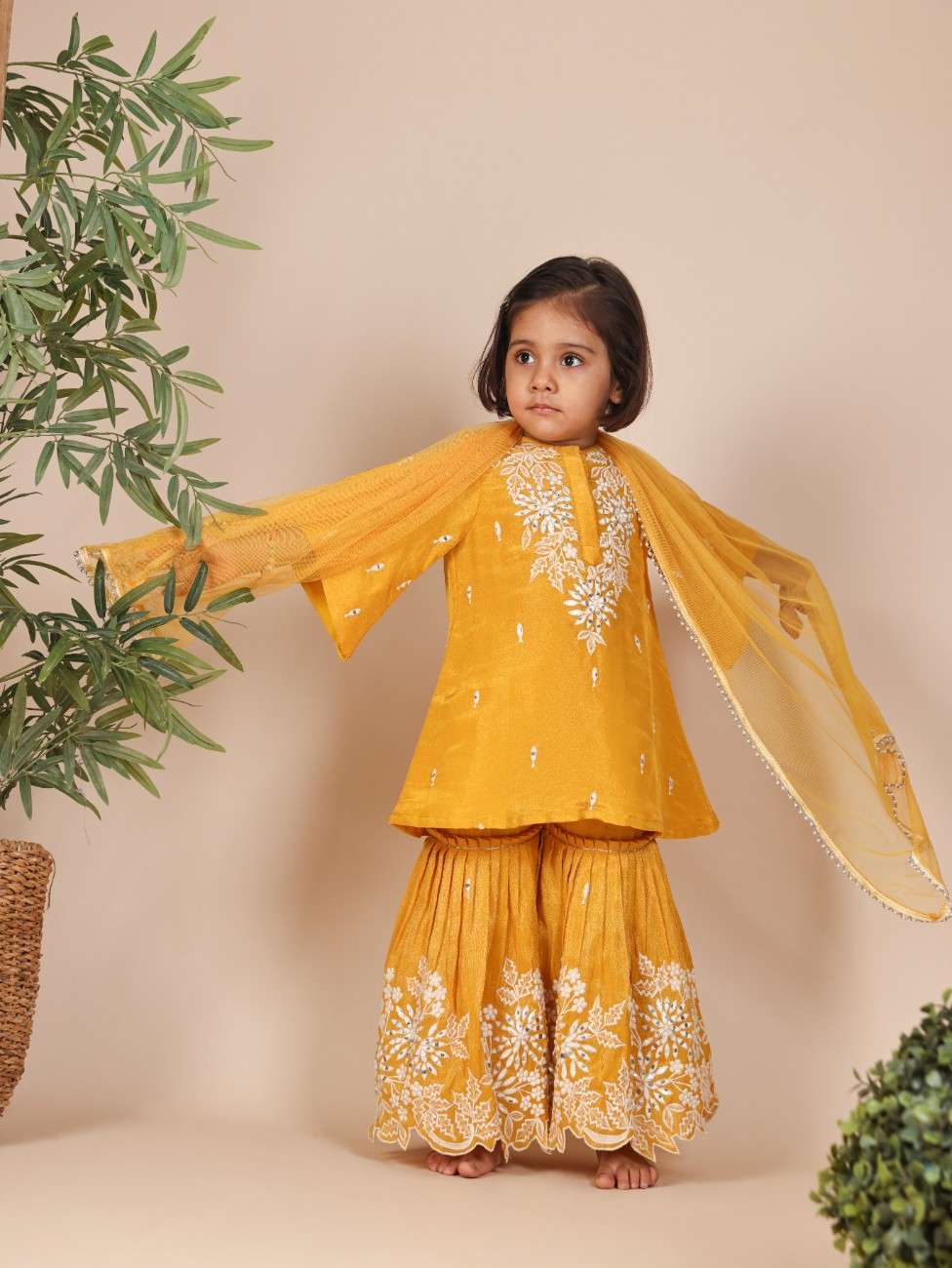 Thread and Mirror Embroidered Mustard Tissue Kurta and Sharara