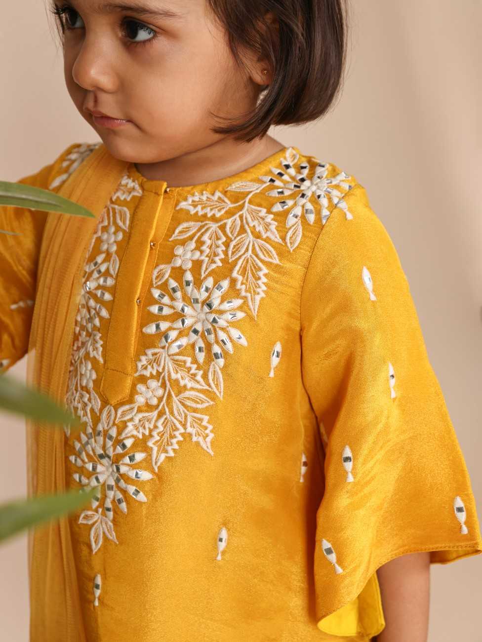 Thread and Mirror Embroidered Mustard Tissue Kurta and Sharara