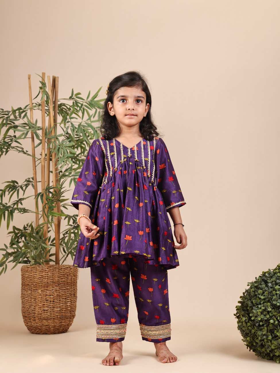 Purple Lotus Printed gota and Ghoongroo Embelished Yoke Kurta with Straight Pant