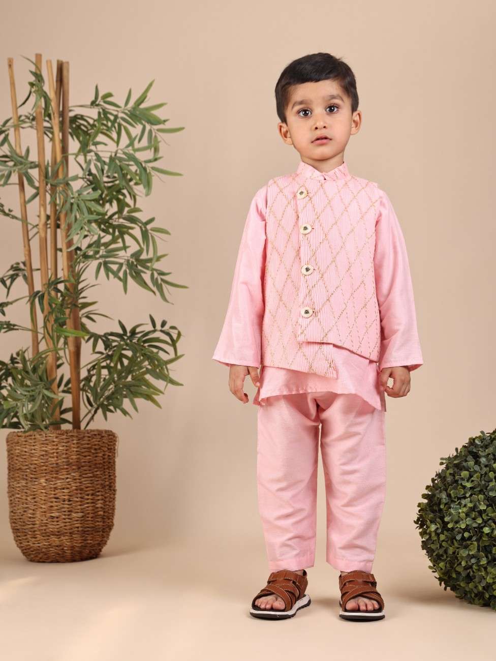 Pink Kurta and Pant with Pintuck Zari Jacket