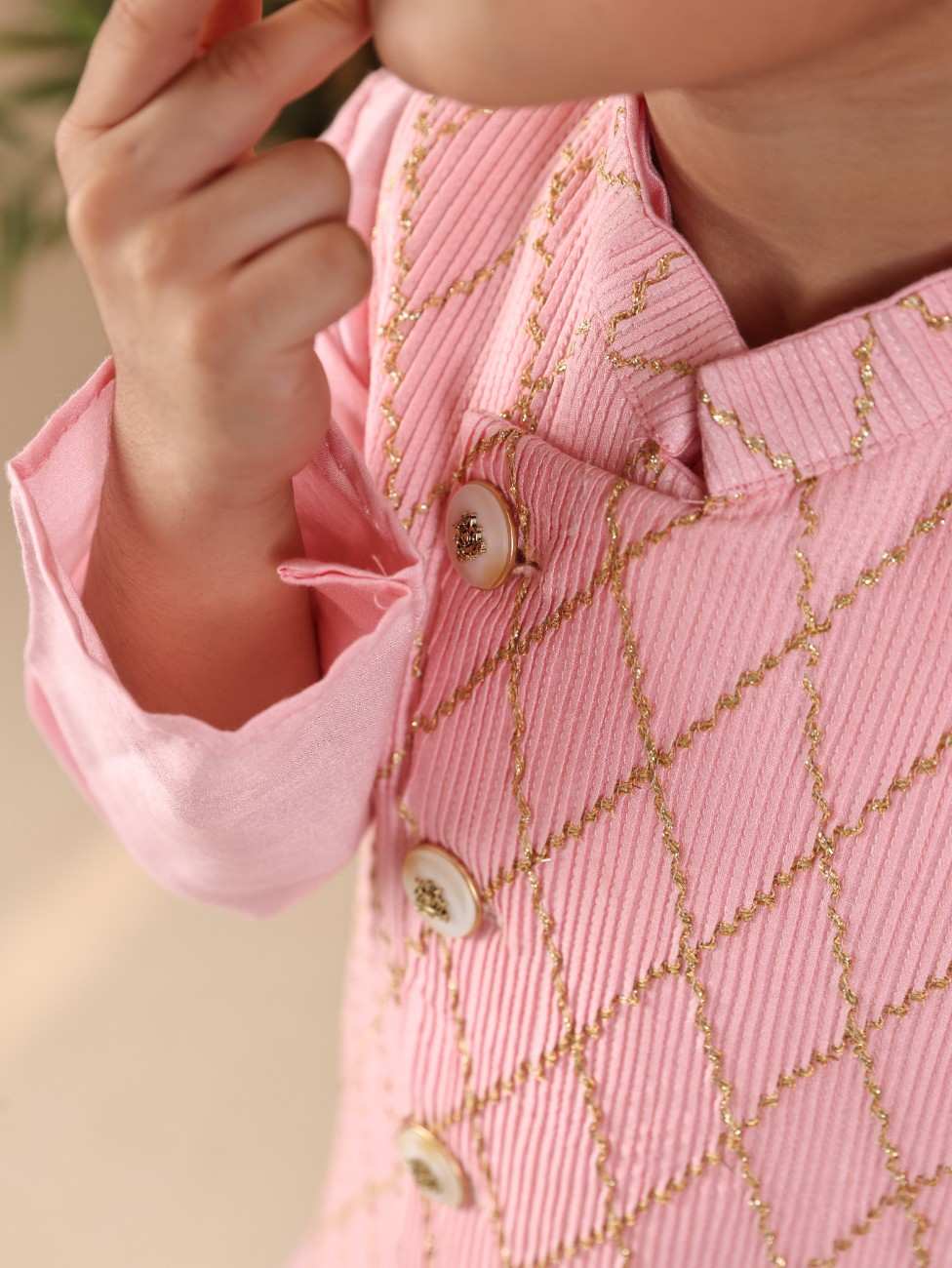 Pink Kurta and Pant with Pintuck Zari Jacket