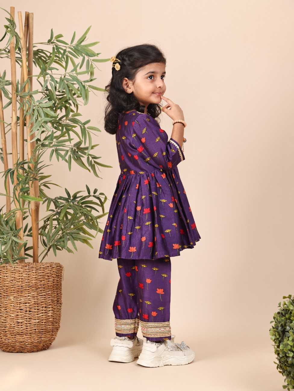 Purple Lotus Printed gota and Ghoongroo Embelished Yoke Kurta with Straight Pant