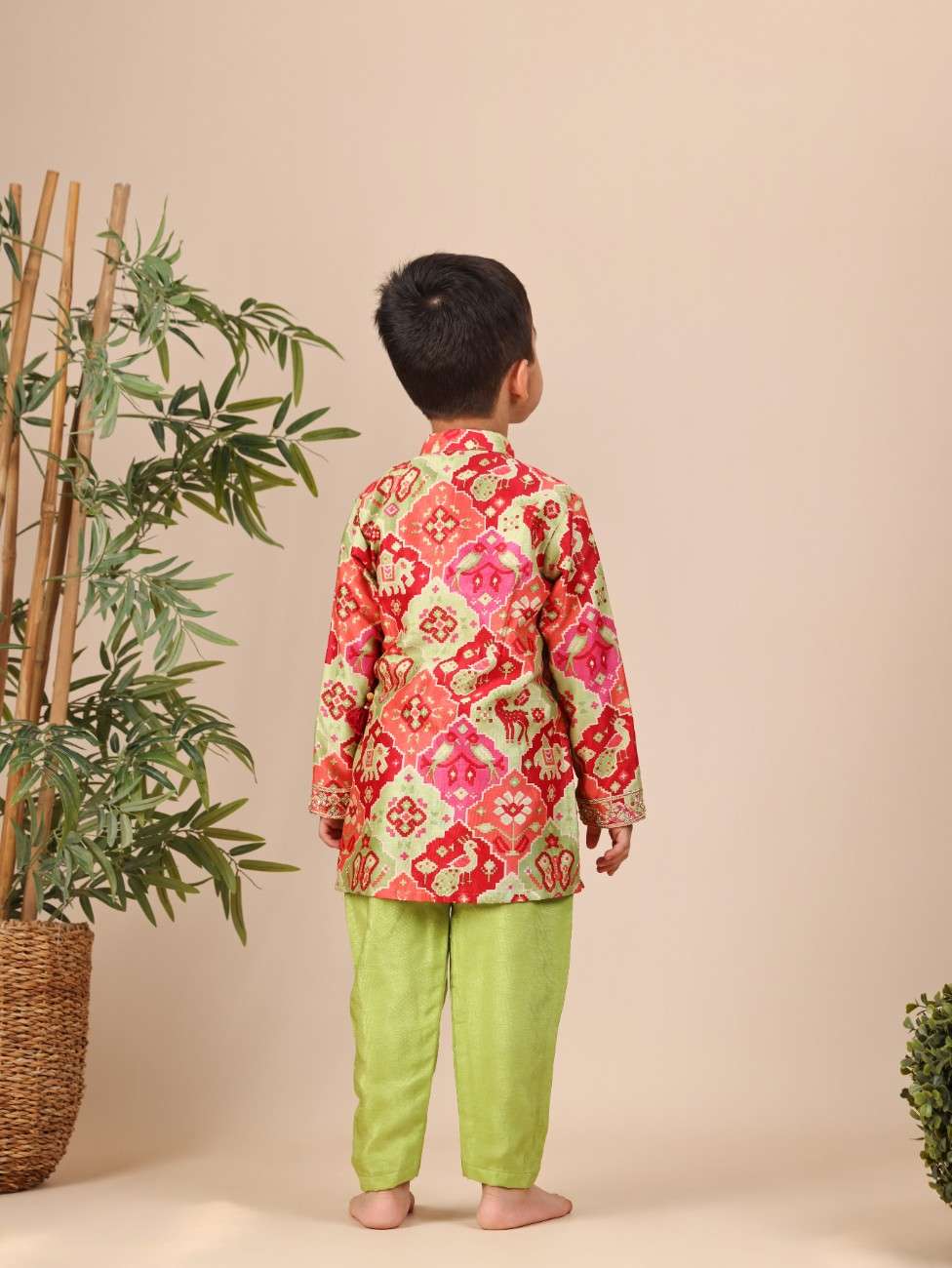 Gota and Zari Embroidered Green Patola Printed Angrakha and Pant