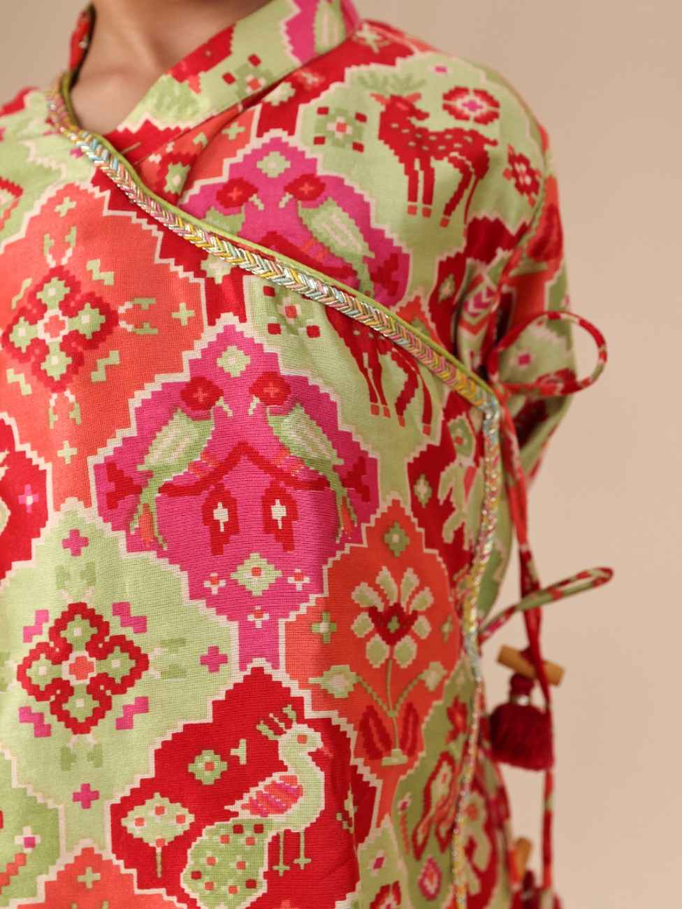 Gota and Zari Embroidered Green Patola Printed Angrakha and Pant