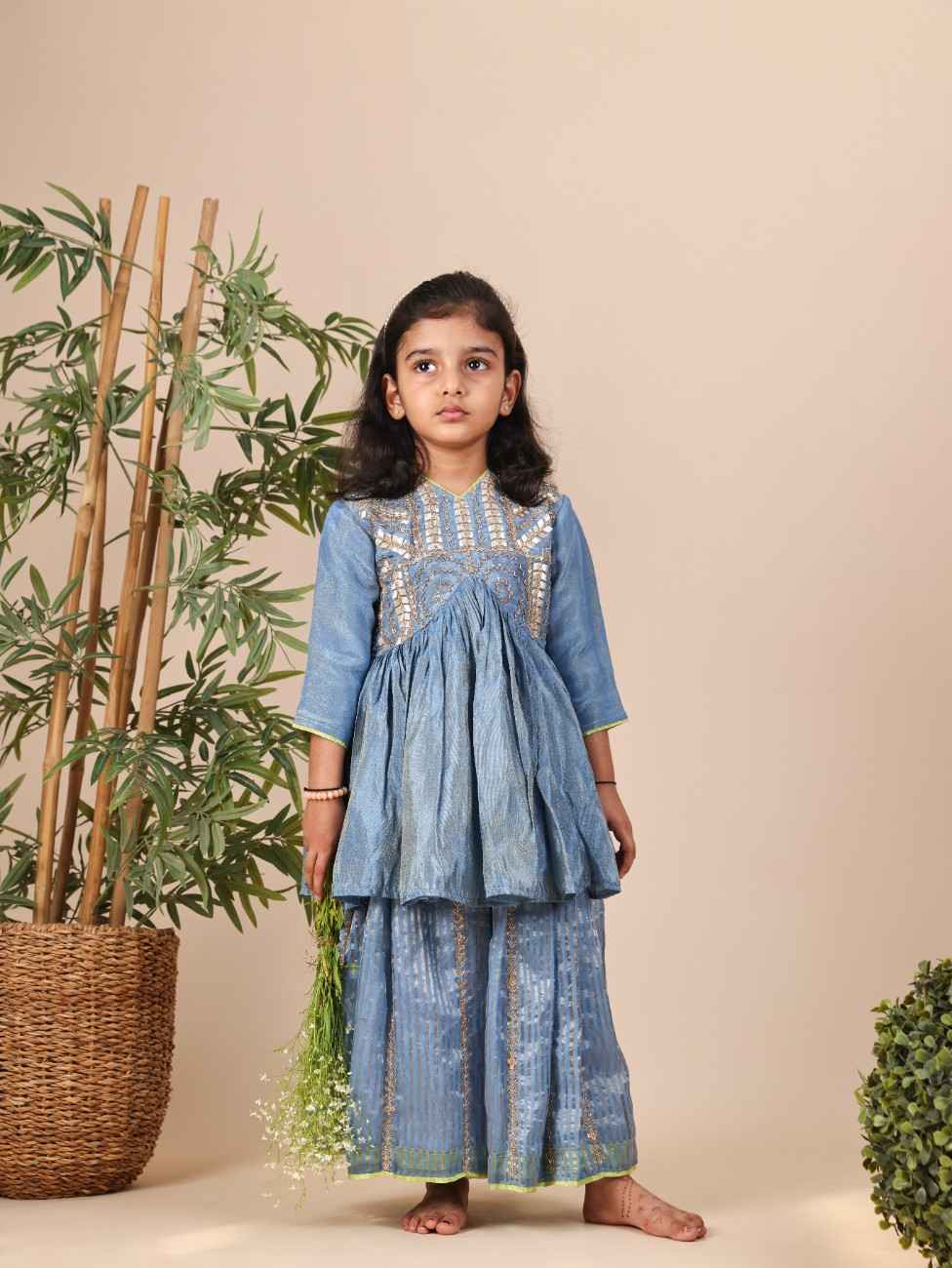 Blue Tissue Peplum with Straight Pant
